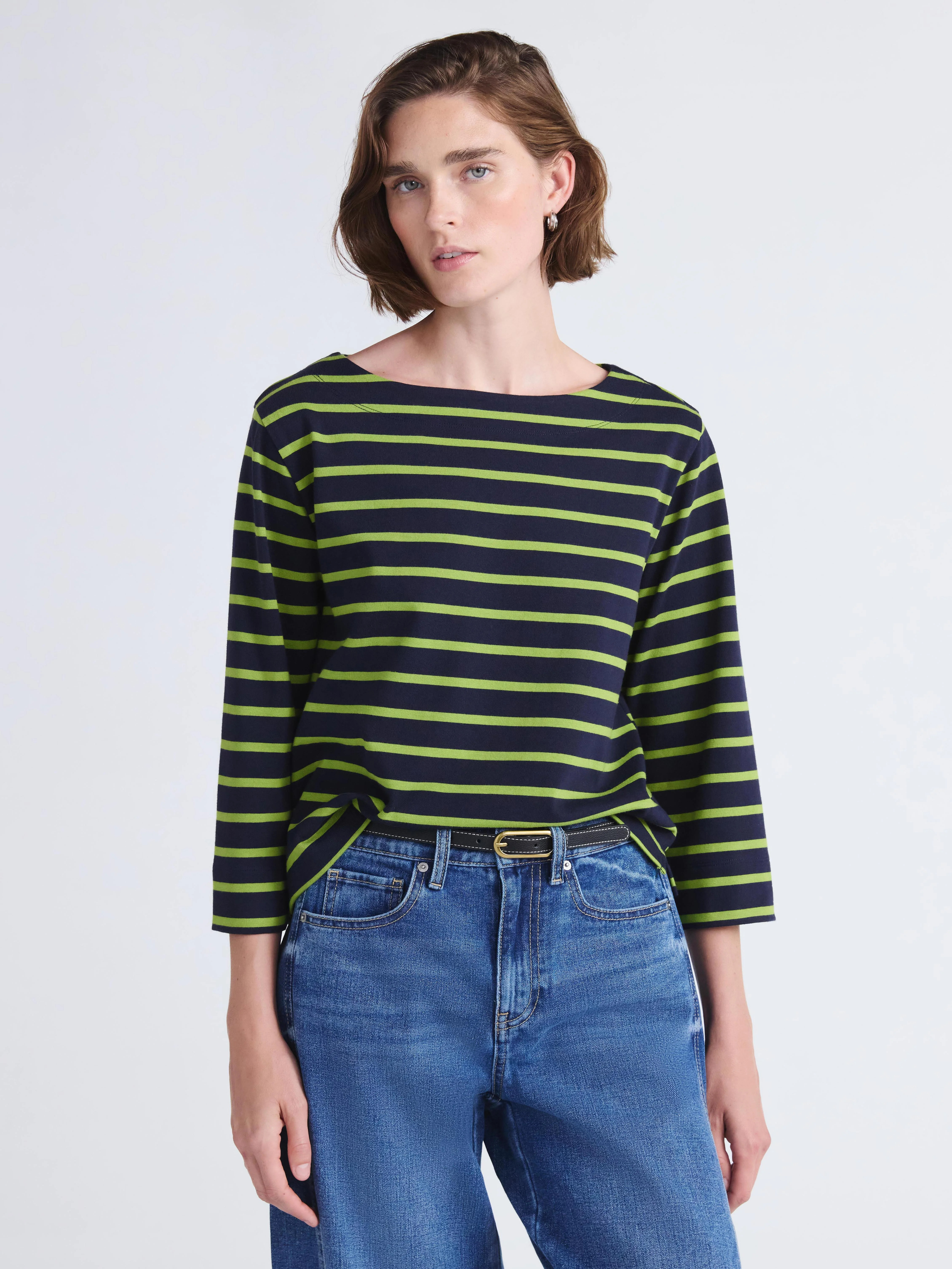 Free Assembly Women's and Women's Plus Striped Cotton Boatneck Tee with 3/4-Length Sleeves, Sizes... | Walmart (US)