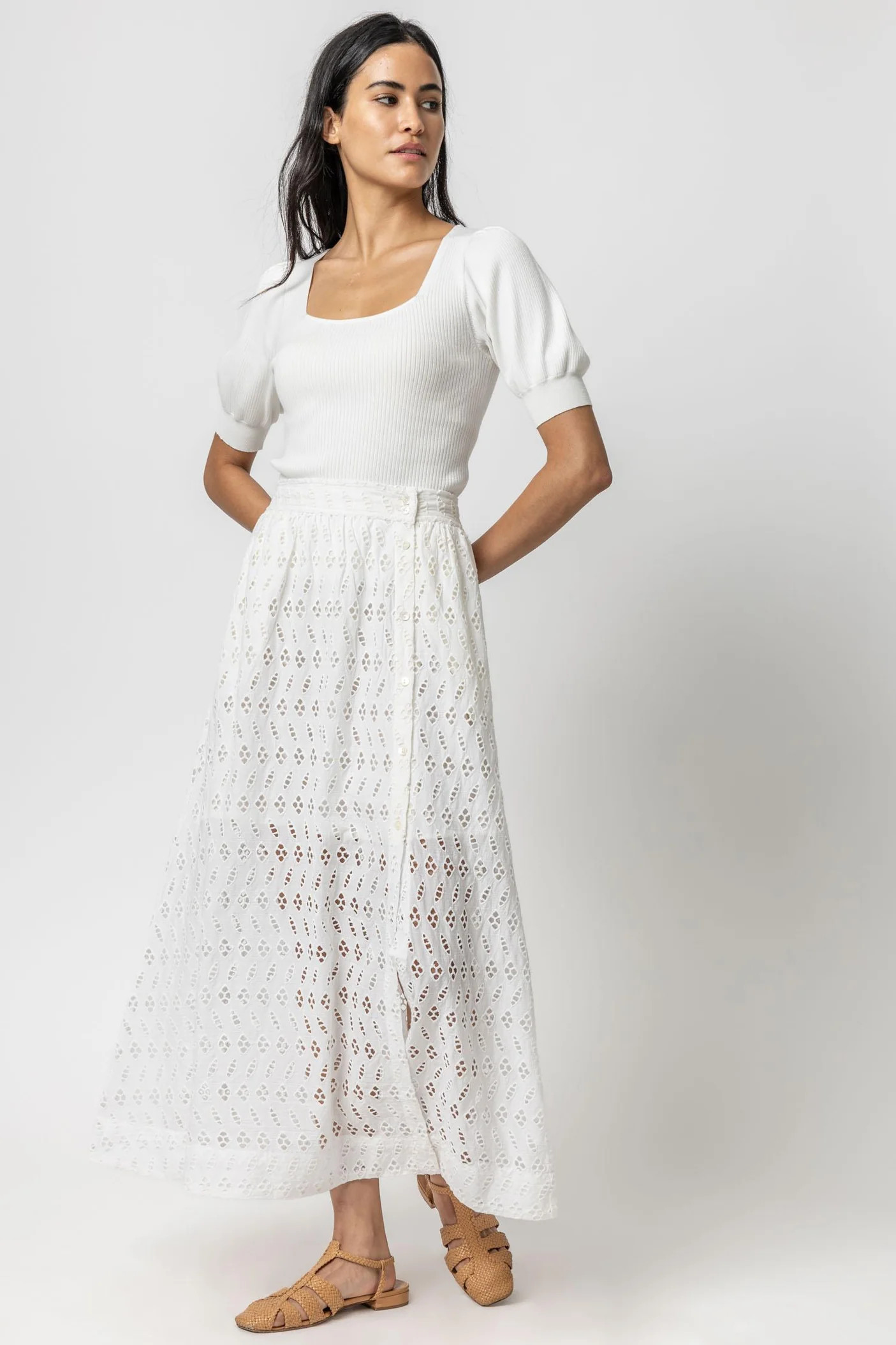 Eyelet Side-Button Maxi Skirt | Lilla P