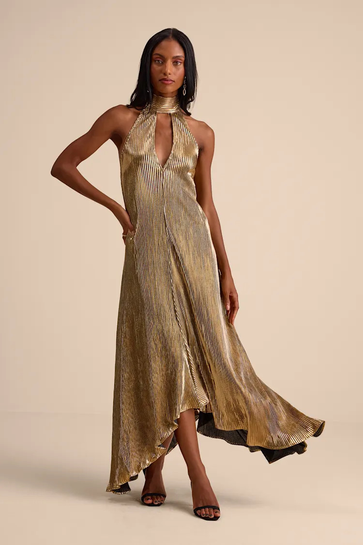 Verlice Metallic Gold Plisse Pleated Cutout Maxi Dress | Lulus