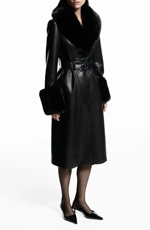 MANGO Fernanda Faux Leather Belted Coat with Removable Faux Fur Trim in Black at Nordstrom, Size X-Small | Nordstrom