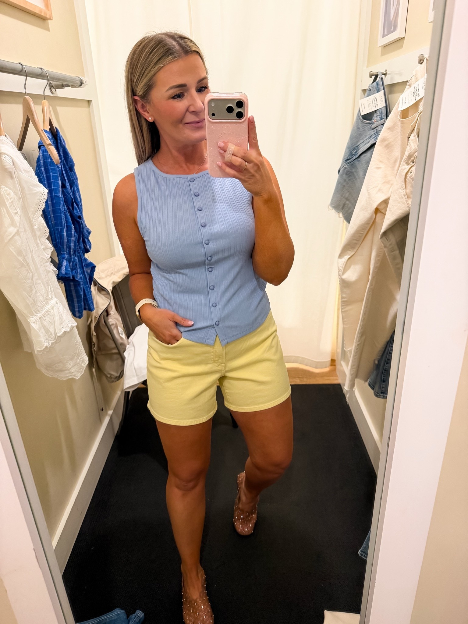 Love the fit, color and fabric of this tank. Grab your true size. Wearing a small.
Size 28 in these butter yellow denim shorts

#LTKxMadewell #LTKSaleAlert #LTKSeasonal