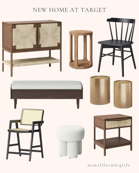 New home styles at Target. Living room. Dining room. Black wooden barrel counter height barstool. Wood based storage bench with cushion. Brass Manila nesting tables. Wood and woven 2 door cabinet. Cream boucle fully upholstered accent ottoman stool. Wooden round accent table. Black wood framed woven panel counter height barstool. Wood and natural woven accent table nightstand  

#LTKStyleTip #LTKHome