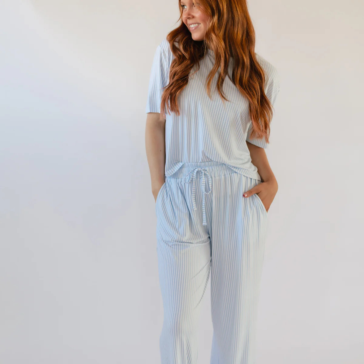 Women's T-Shirt and Pants Set in Blue Pin Stripes | Silks Design
