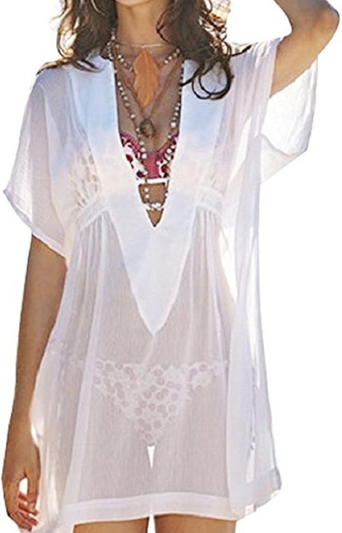 Wander Agio Beach Bikini Covers Sexy Perspective V-Neck Dresses Cover Up White | Amazon (US)