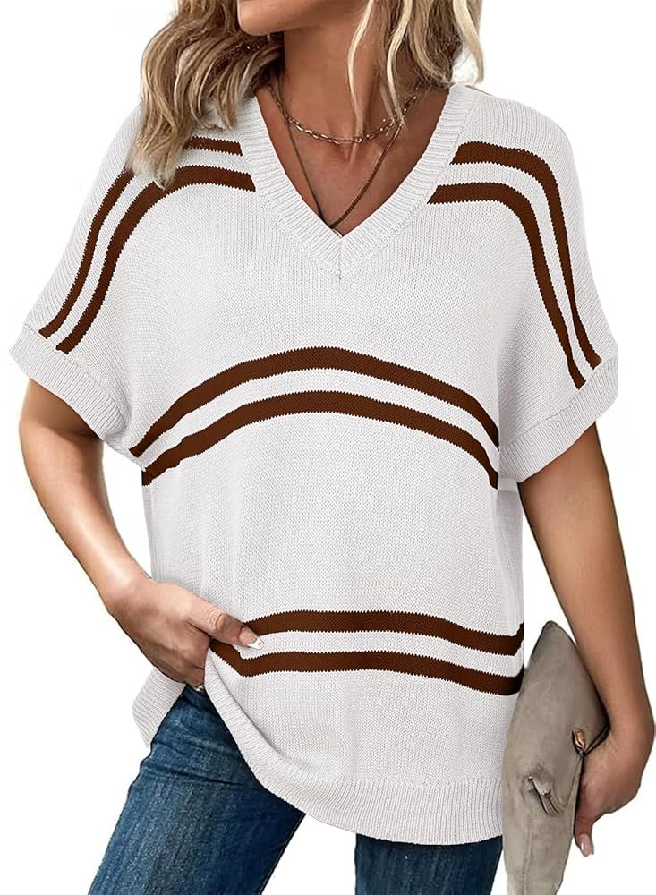 SHEWIN Oversized Sweaters for Women Causal V Neck T Shirts Loose Short Sleeve Sweater Spring Tops | Amazon (US)