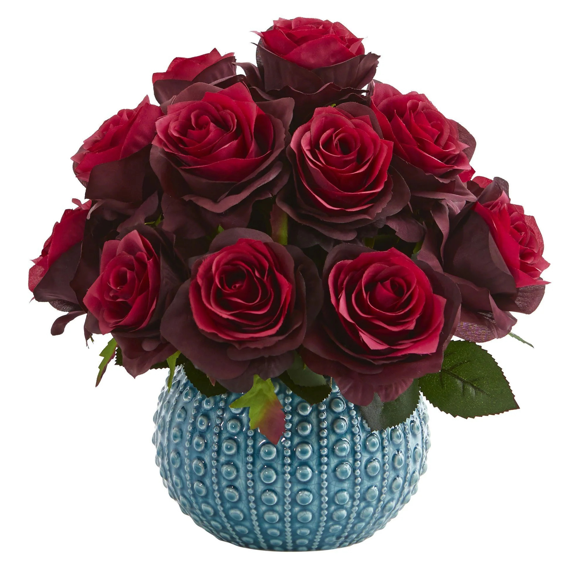 11.5’’ Rose Artificial Arrangement in Blue Ceramic Vase 1542 Nearly Natural | Nearly Natural