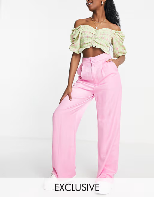 Stradivarius satin wide leg trouser in candy pink | ASOS (Global)