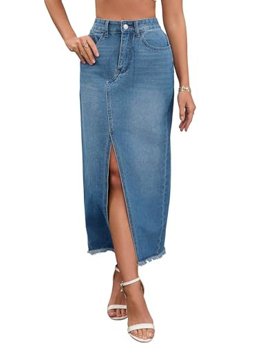 CIMUK Women's Denim Skirt High Waist Split Front Raw Hem Washed Maxi Jean Skirts Small Blue | Amazon (US)
