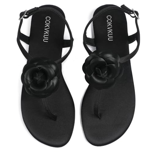 Women's Black Satin Floral Sandals with T-Strap, Herringbone Sole Fashionable and comfortable sat... | Amazon (US)