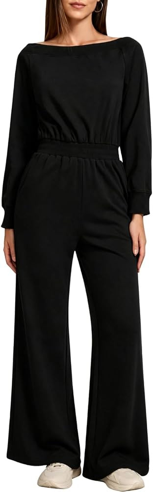 QINSEN Womens Boat Neck Long Sleeve Wide Leg Jumpsuit with Cinched Waist | Amazon (US)