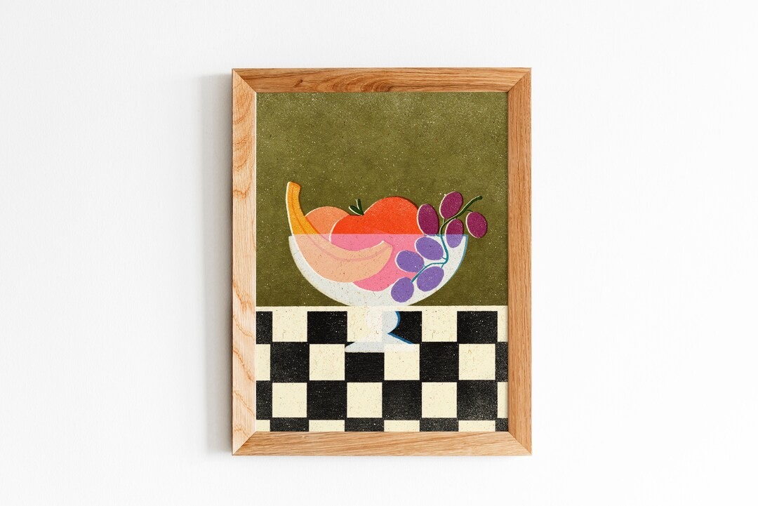 Fruit Bowl Digital Art Print Instant Download 8x10 and 11x14 Aesthetic Fruit Checkered Retro Kitc... | Etsy (US)