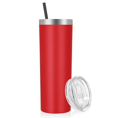 VEGOND 20 oz Stainless Steel Skinny Tumbler with Lids and Straws, 20oz Double Wall Insulated Slim Tumbler Cup for Cold Hot Drinks, Red 1 Pack | Amazon (US)