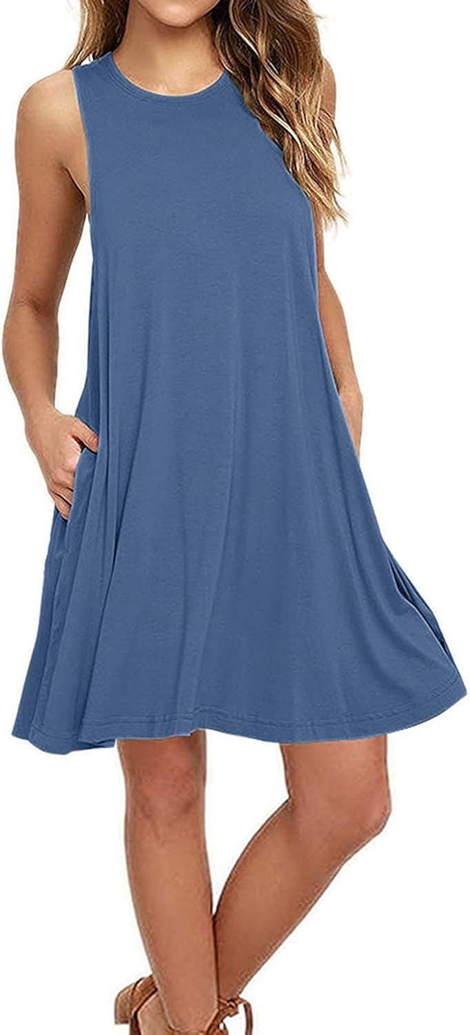 AUSELILY Women Summer Casual T Shirt Dresses Beach Cover up Plain Pleated Tank Dress | Amazon (US)