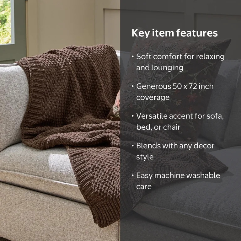 Better Homes & Gardens Brown Basket Chenille Knit Oversized Throw Blanket, 50 in x 72 in | Walmart (US)