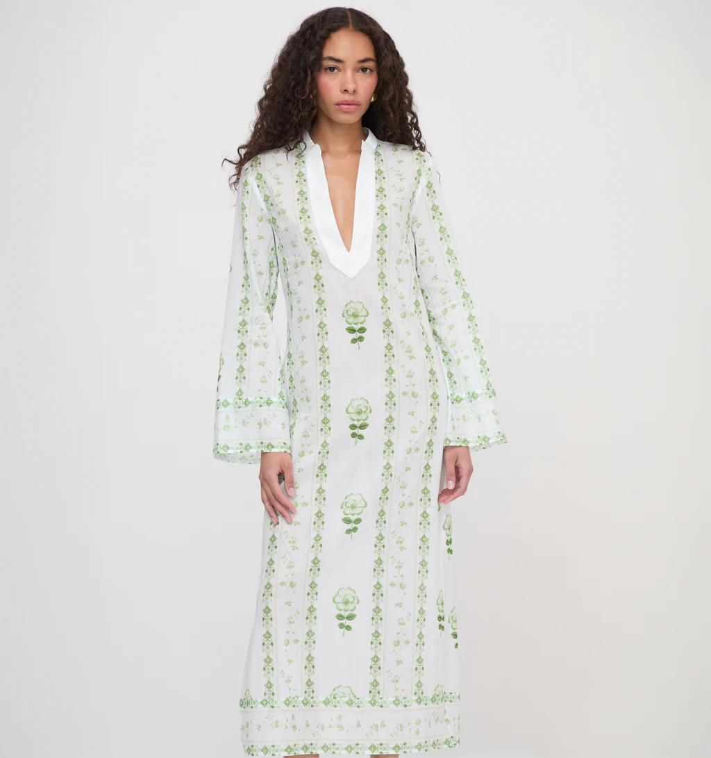The Sorina Maxi Tunic - White/Green Arcadia Border | Hill House Home US