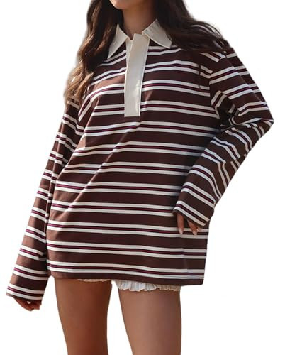 Women Long Sleeve Striped Polo Shirts Loose Fit Button Up Rugby Polo Shirts Vintage Preppy Aesthetic Sweatshirt Bronze | Amazon (US)