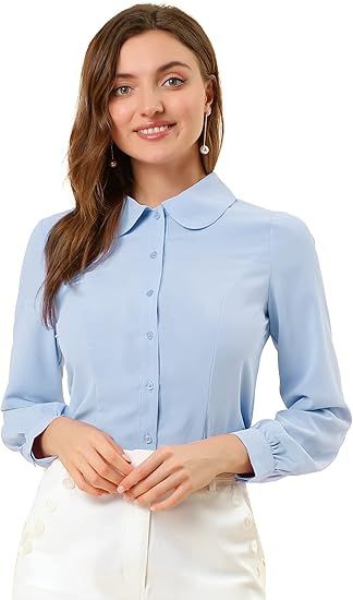 Allegra K Women's Button Up Shirt Career Peter Pan Collar Long Bishop Sleeve Blouse | Amazon (US)