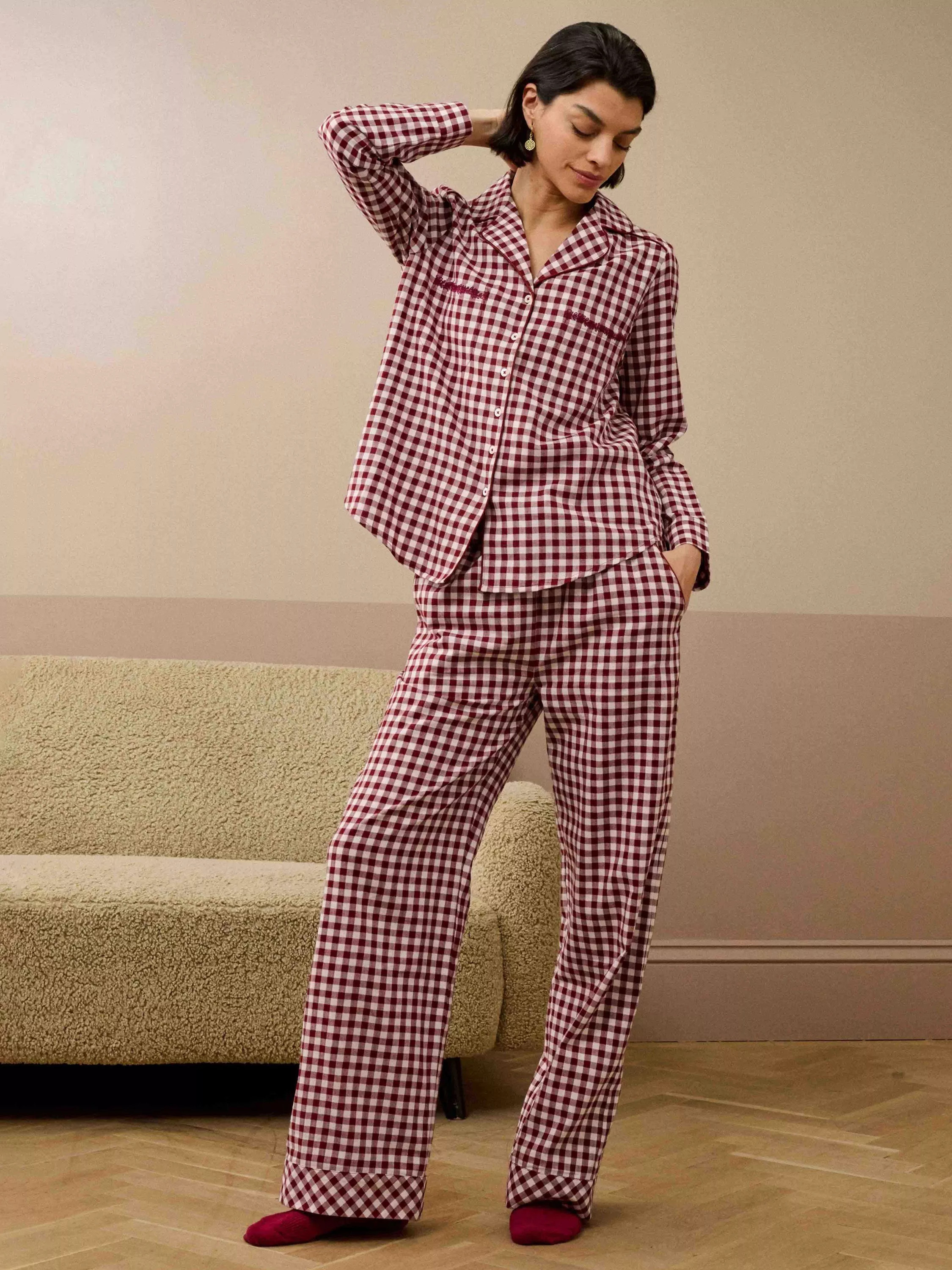 Brora Cotton Silk Trim Gingham Pyjama Set, Mulberry/Shell | John Lewis (UK)