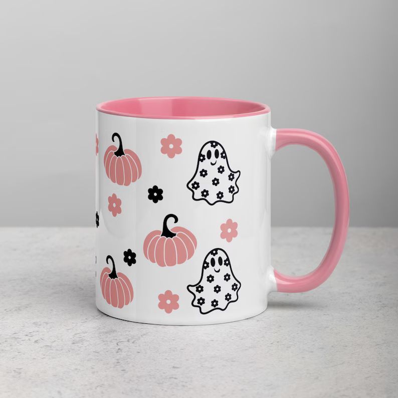 Pink Halloween Mug New Boho Daisy Ghost Coffee Cup Pink - Etsy | Etsy (US)