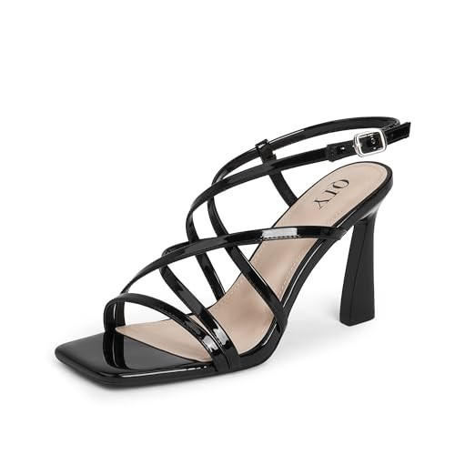 QIY Strappy Black Heels for Women Black Heeled Sandals Womens Black High Heels Black Strappy Heels for Women Black Open Toe Heels Square Toe Heels Size 9.5 | Amazon (US)