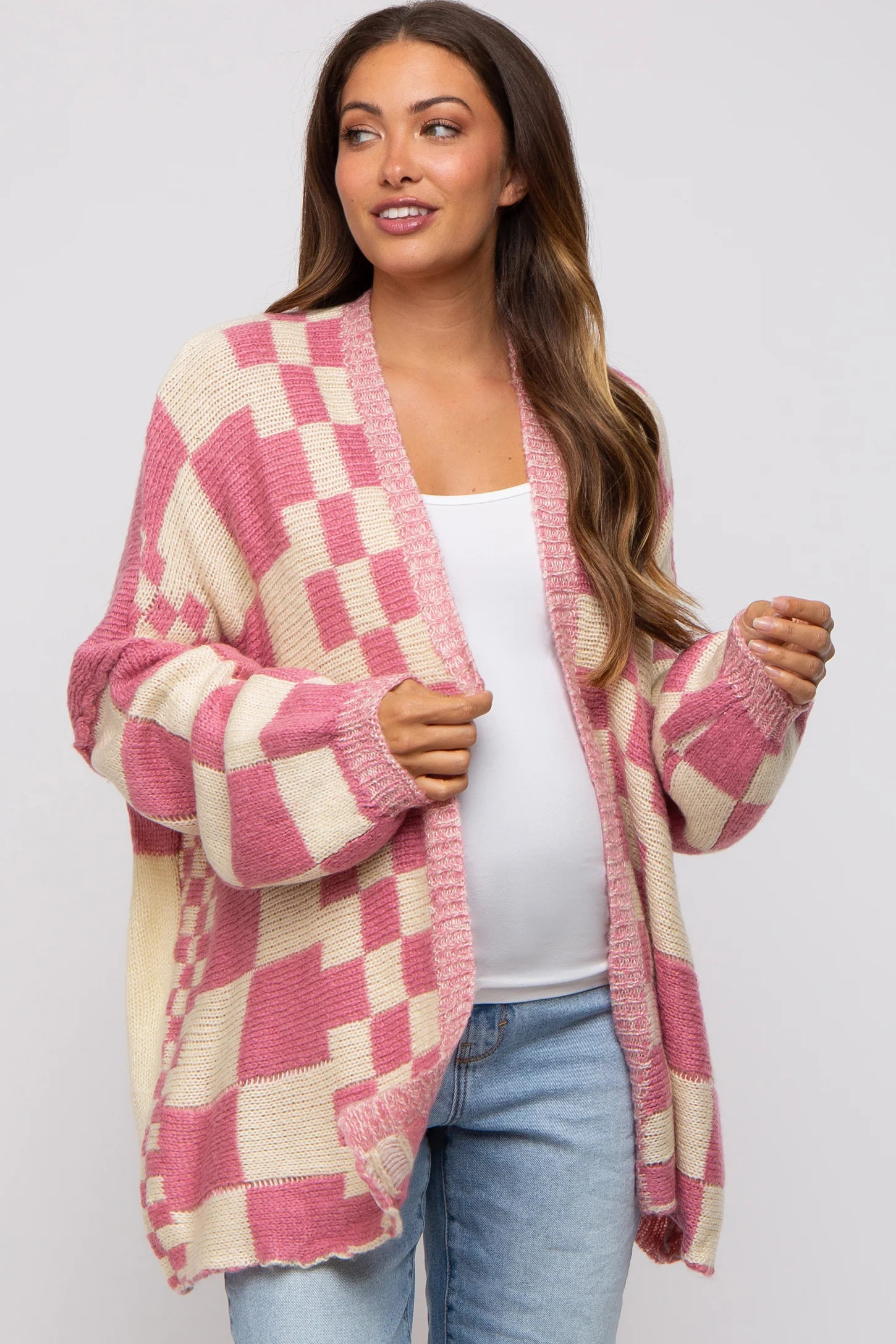 Pink Checkered Plaid Maternity Oversized Cardigan | PinkBlush Maternity