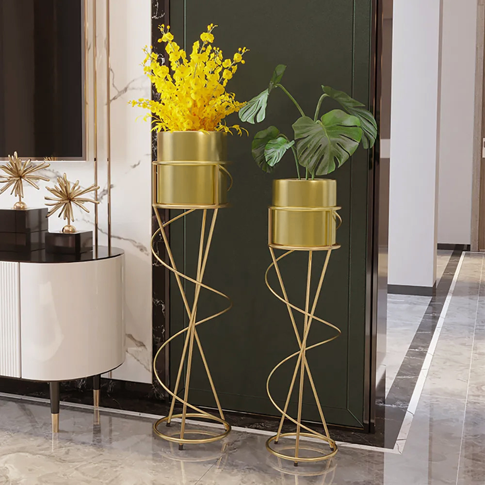 Nordic Round Metal Plant Stand Standing Plant Shelf in Gold | Homary