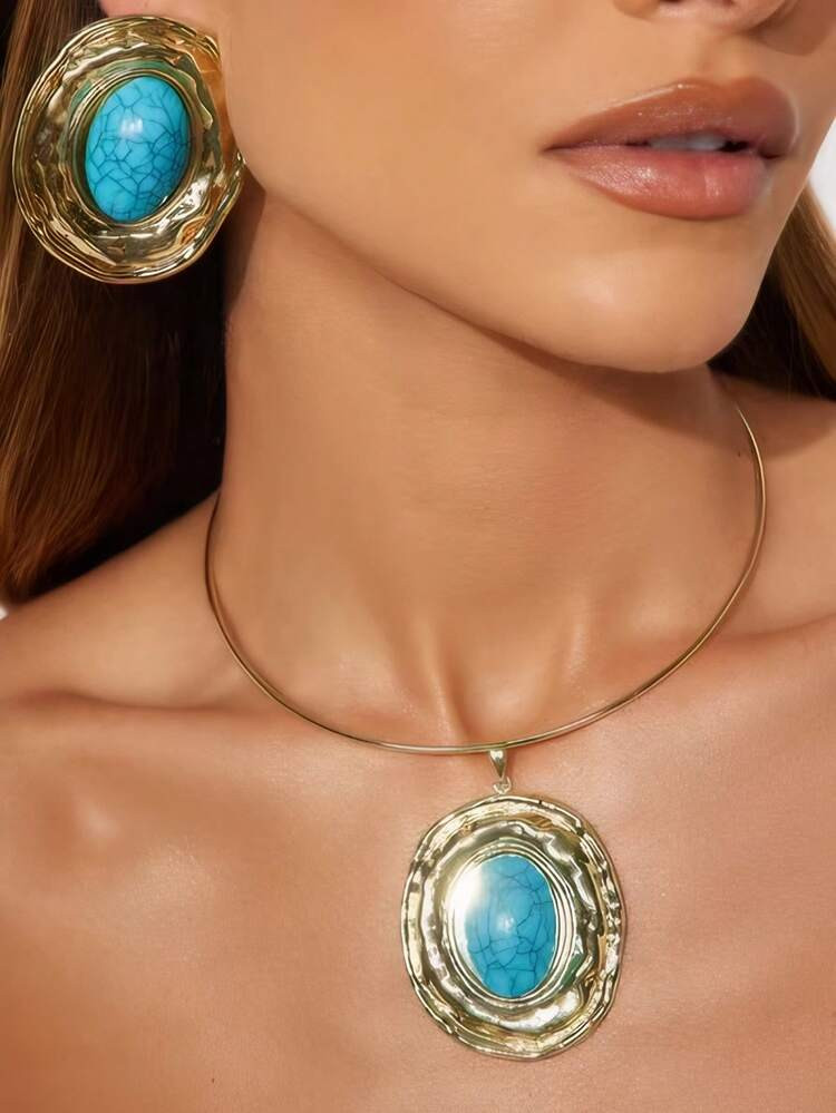 3pcs/Set Geometric Texture Ellipse Shape Inlaid Faux Pearl Pendant Earring Necklace Set, Vintage ... | SHEIN