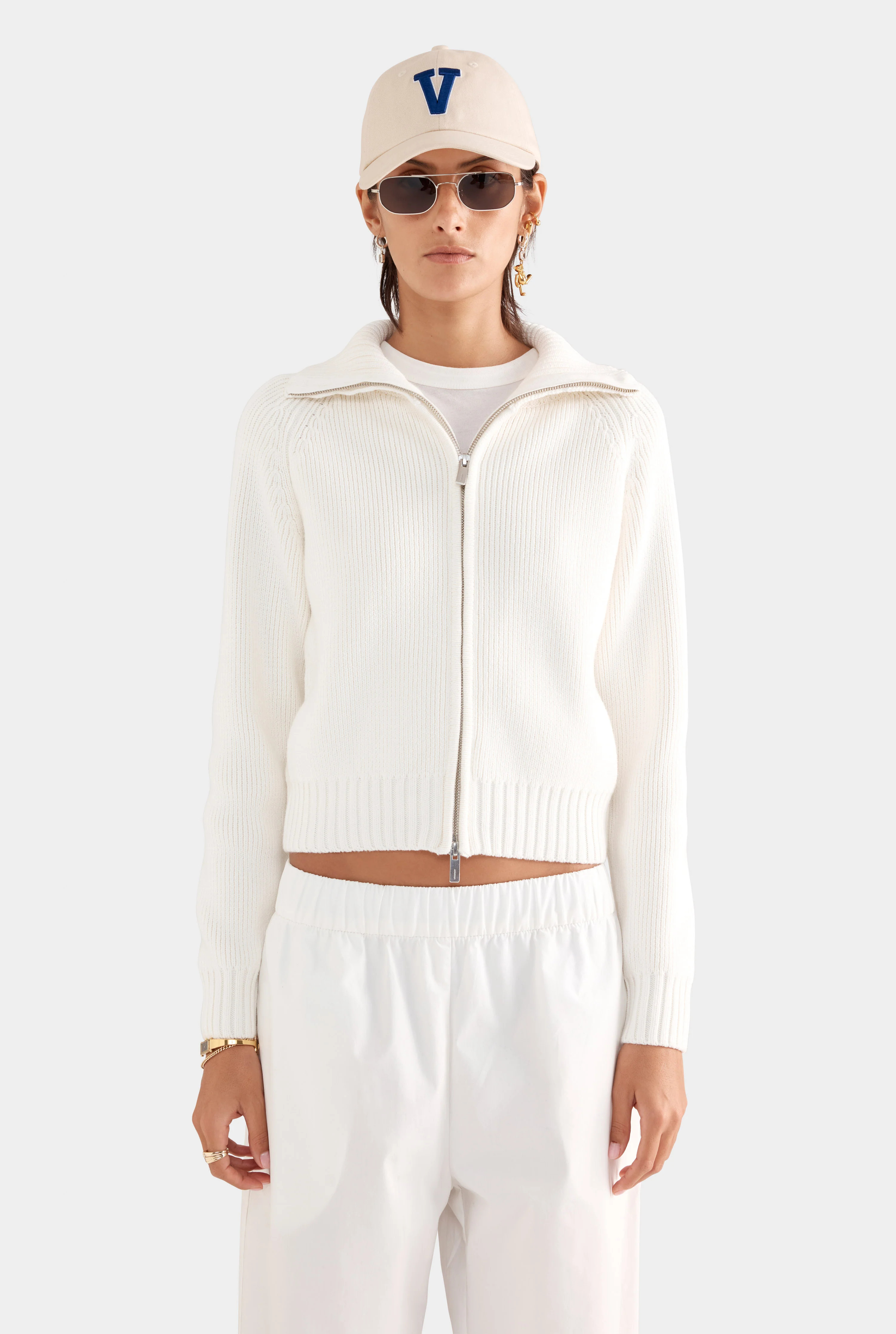 Womens Cotton Funnel Neck Zip Up Sweater in White | Venroy | Venroy AU