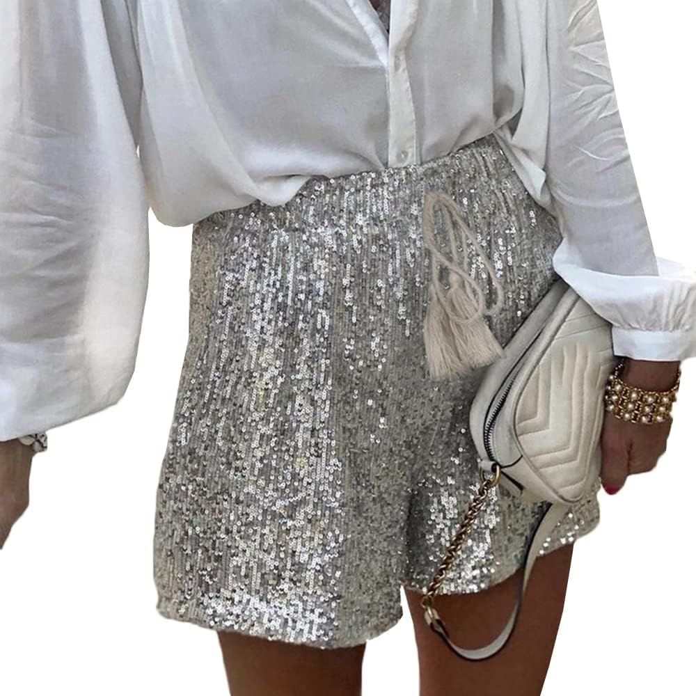Women Summer Sequins Shorts High Waist Casual Loose A Line Hot Pants Sparkly Clubwear Night-Out S... | Amazon (US)