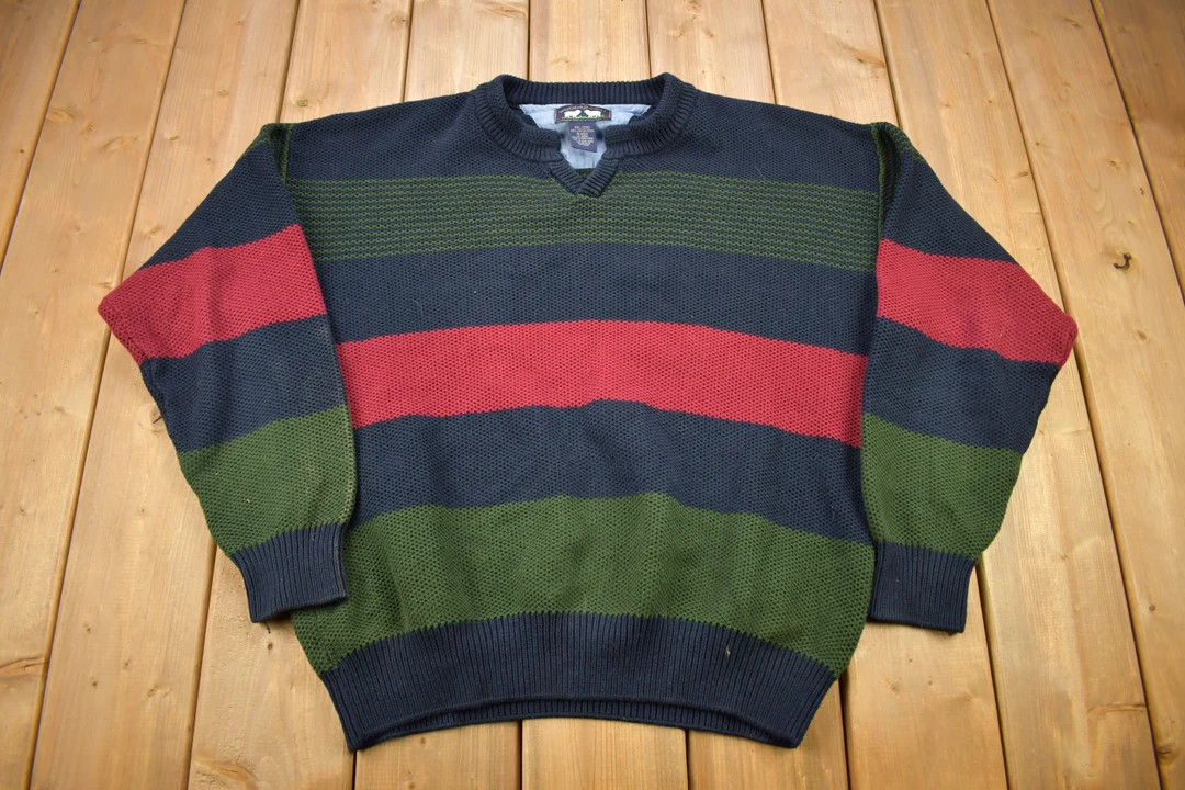Vintage 1990s Woods & Gray Striped Knitted Sweater / Vintage 90s Crewneck / All Over Pattern / Co... | Etsy (US)