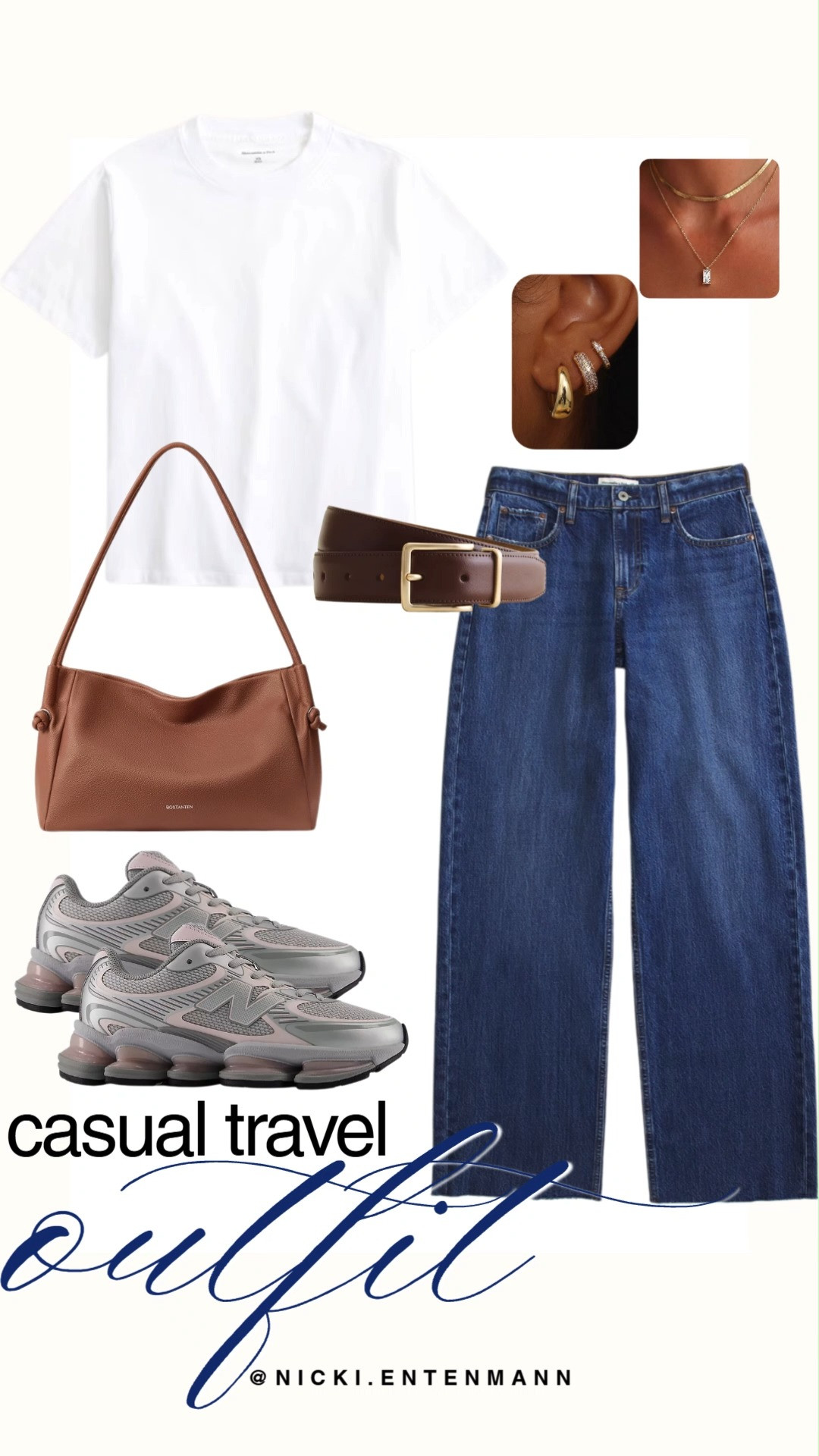 Travel in comfort and style with a chic casual outfit featuring a white tee, wide leg jeans, leather belt, shoulder bag, retro sneakers, and subtle gold jewelry perfect for long journeys. #travelstyle #casualoutfit #airportstyle #traveloutfit #everydayfashion #streetstyle #capsulewardrobe #outfitinspiration #stylefinds #modernliving 👟👜✨ 

 #LTKootd #LTKSaleAlert #LTKTravel