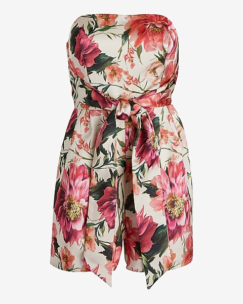 Satin Floral Strapless Tie Waist Romper | Express