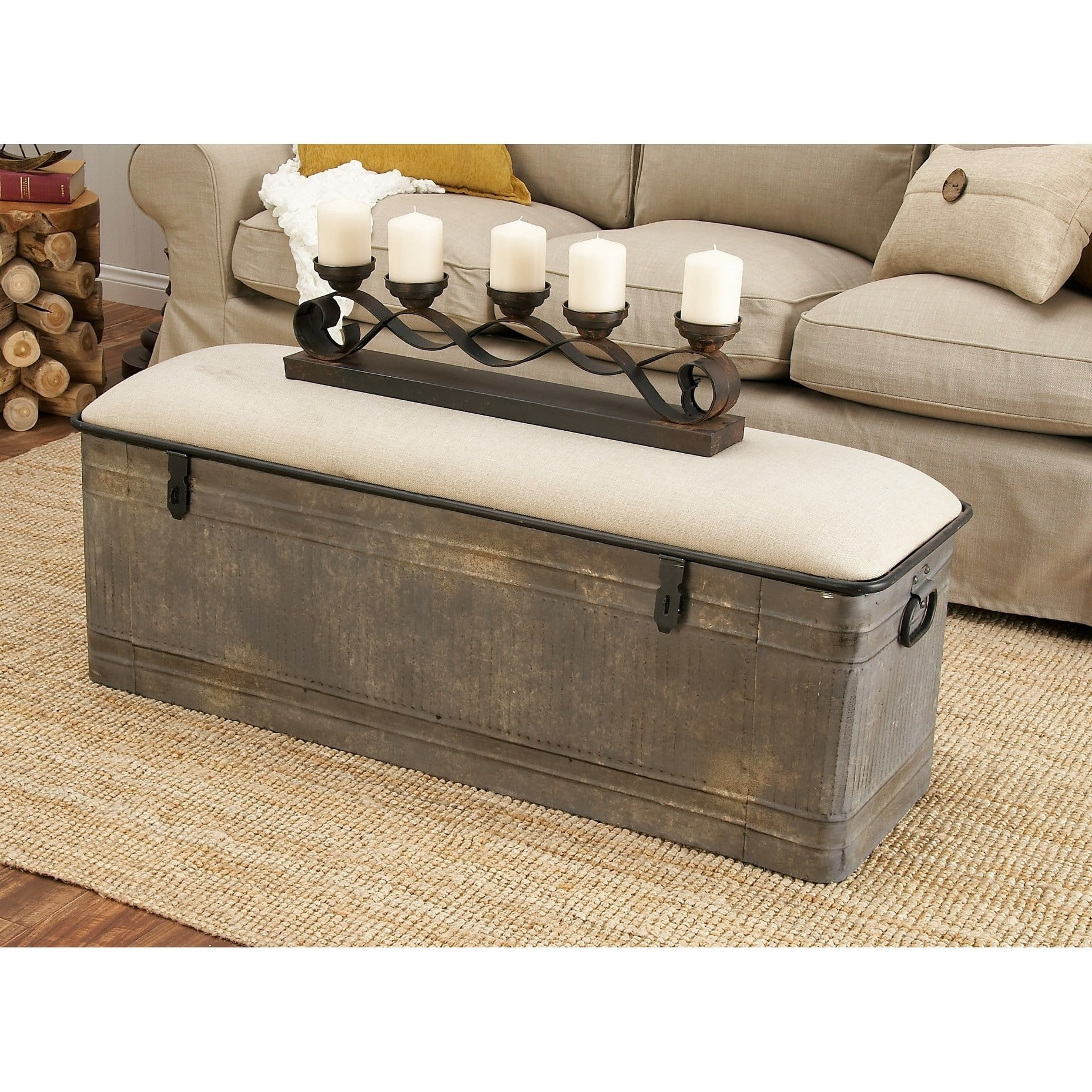 Decmode Farmhouse Horse Watering Trough-Inspired Silver Metal Storage Bench w/ Beige Cotton Seat | Walmart (US)