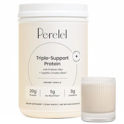 Perelel Triple-Support Plant Based Protein Powder, Creamy Vanilla, 20g Vegan Protein Powder, 3g Creatine Monohydrate, & 5g Prebiotic Fiber per Serving, Dairy Free, No Sugar Added, 15 Day Supply | Amazon (US)