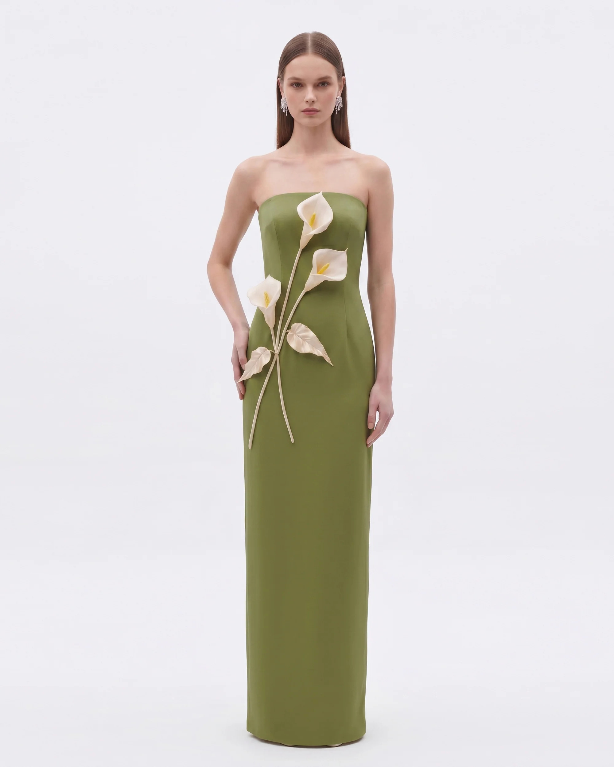 Floral Appliqué Strapless Dress - Olive Green | JW PEI US