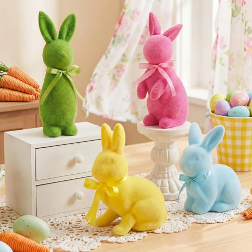 Wesiti 4 Pcs Easter Table Decoration Flocked Bunnies Figurine with Bow Tie Spring Table Centerpieces Flocking Rabbit Tabletop Ornament Cute Bunny Figurines for Easter Spring Home Office Indoor Party | Amazon (US)