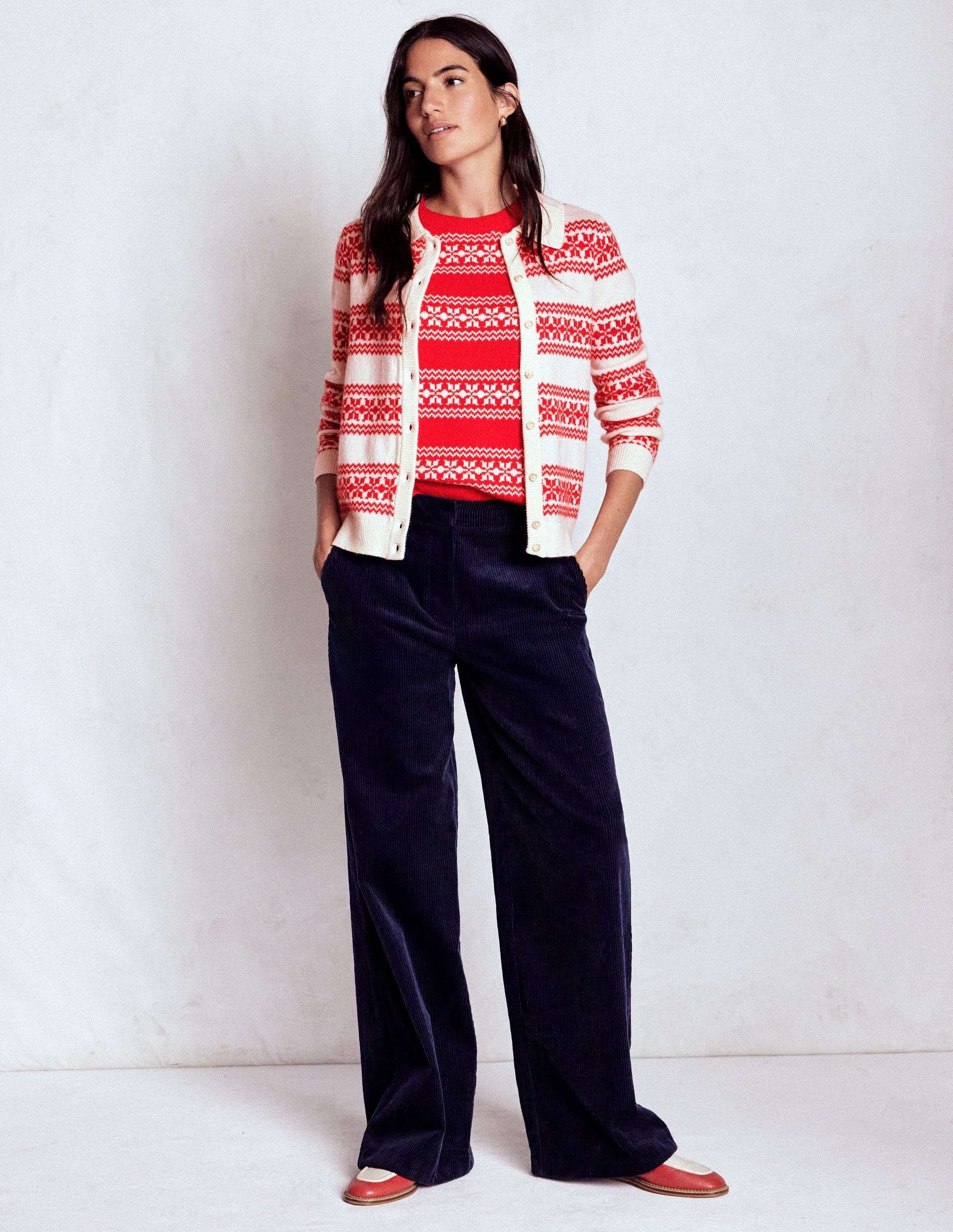 Edie Fair Isle Knitted Shirt-Warm Ivory, Red Fair Isle | Boden (US)