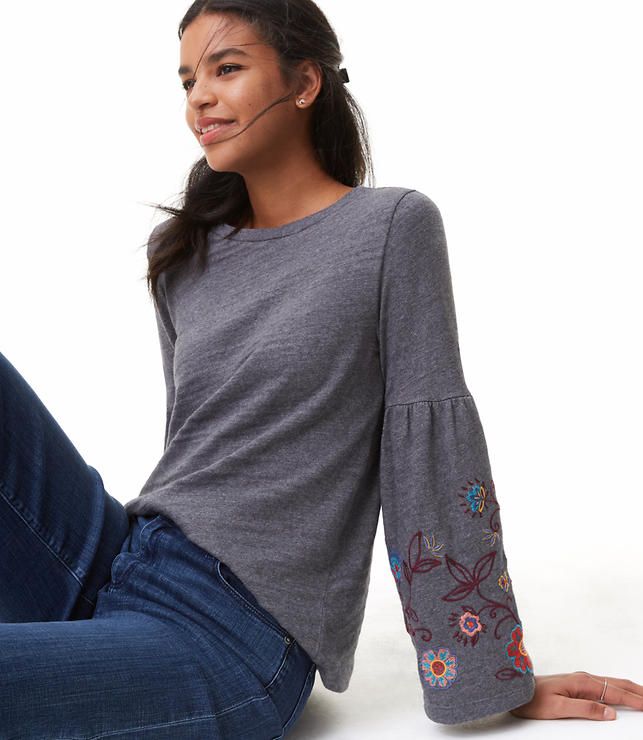 Floral Embroidered Bell Sleeve Sweatshirt | LOFT