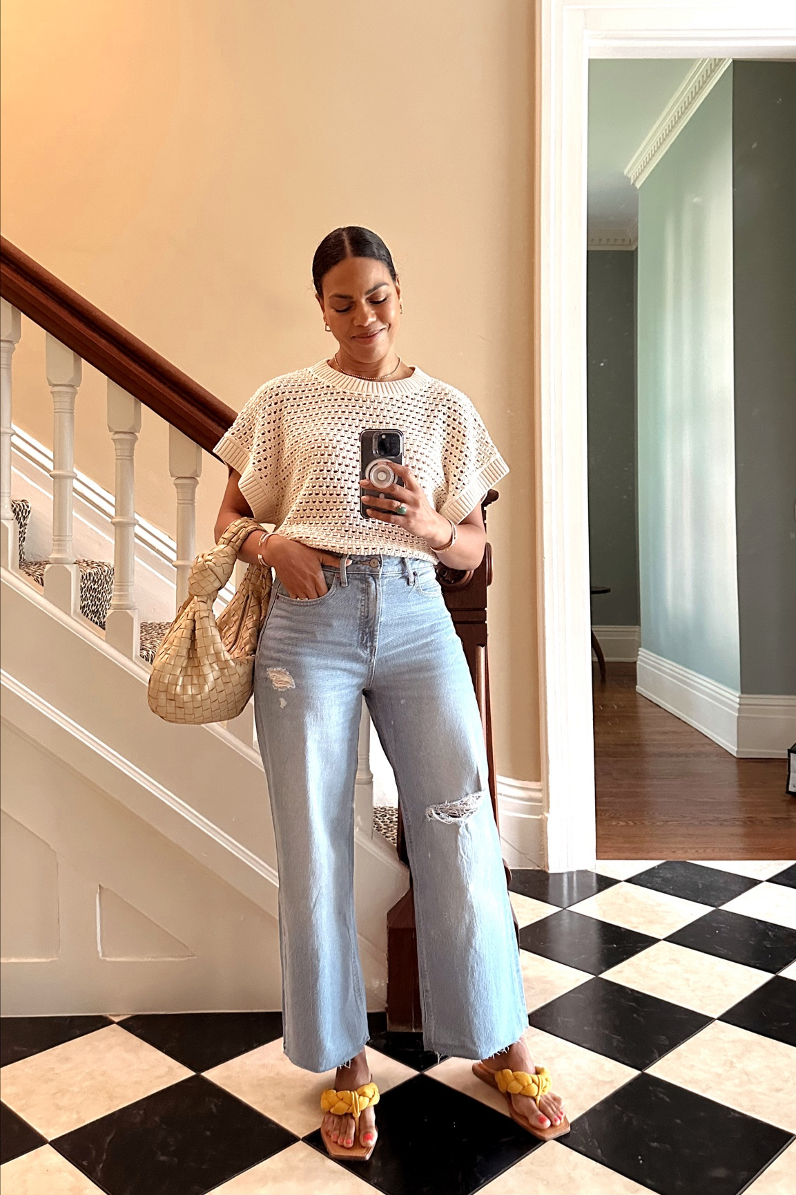 Summer sweater, $40 high waist jeans (I’m 5’4” and cut them to desired length) and slides.  All TTS! 