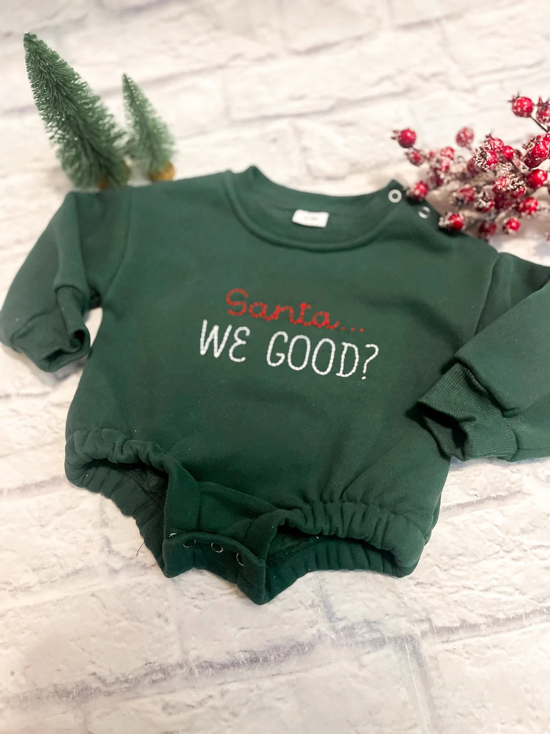 Custom Hand Embroidered Long Sleeve Sweatshirt Romper - Christmas - “Santa … We Good”? | Etsy (US)