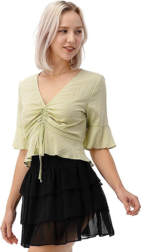 EDGY Land Girl's and Women's Self Tie Bottom V-Neck Drawstring Closure Long Sleeve Fashion Blouse... | Amazon (US)