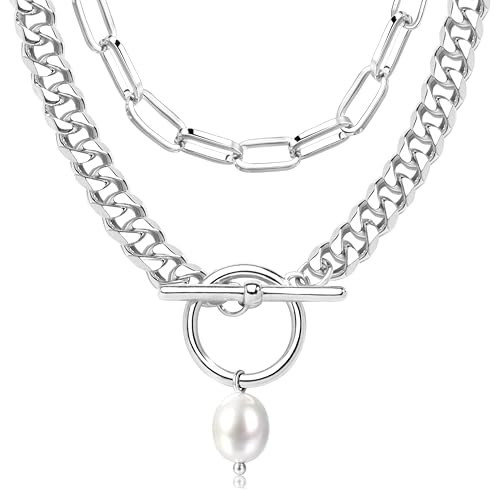 Poxtex Chunky Silver Pearl Necklaces for Women Non Tarnish Layered 925 Sterling Silver Plated Paperclip Cuban Link Chain Necklace Trendy Dainty Stacked Toggle Choker Necklaces Set Jewelry Gifts | Amazon (US)