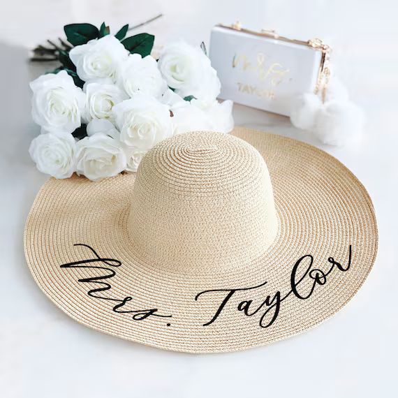 Floppy Beach Hat Personalized Bride Hat Floppy Hat with Name Custom Personalized Beach Hat Honeym... | Etsy (US)
