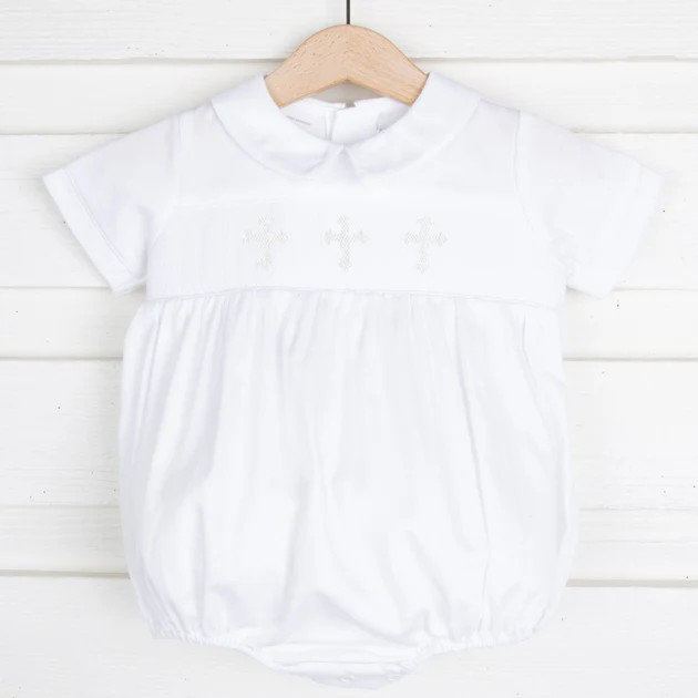 Cross Smocked Collared White Boy Bubble | Classic Whimsy
