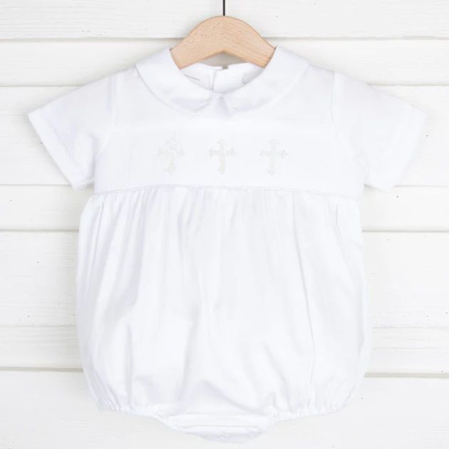 Cross Smocked Collared White Boy Bubble | Classic Whimsy