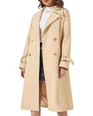 Women's Double Breasted Long Trench Coat Windproof Classic Lapel | Side Pocket Thin Coat With Bel... | Amazon (US)
