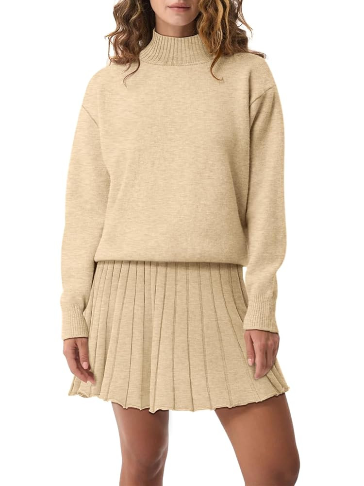 Women's Two Piece Outfits Turtleneck Long Sleeve Ribbed Knit Tops Pleated Mini Skirt 2025 Casual ... | Amazon (US)