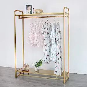 HOMEKAYT Gold Clothing Rack Modern Boutique Display Rack with 2-Tier Shelf Full Metal Garment Rac... | Amazon (US)
