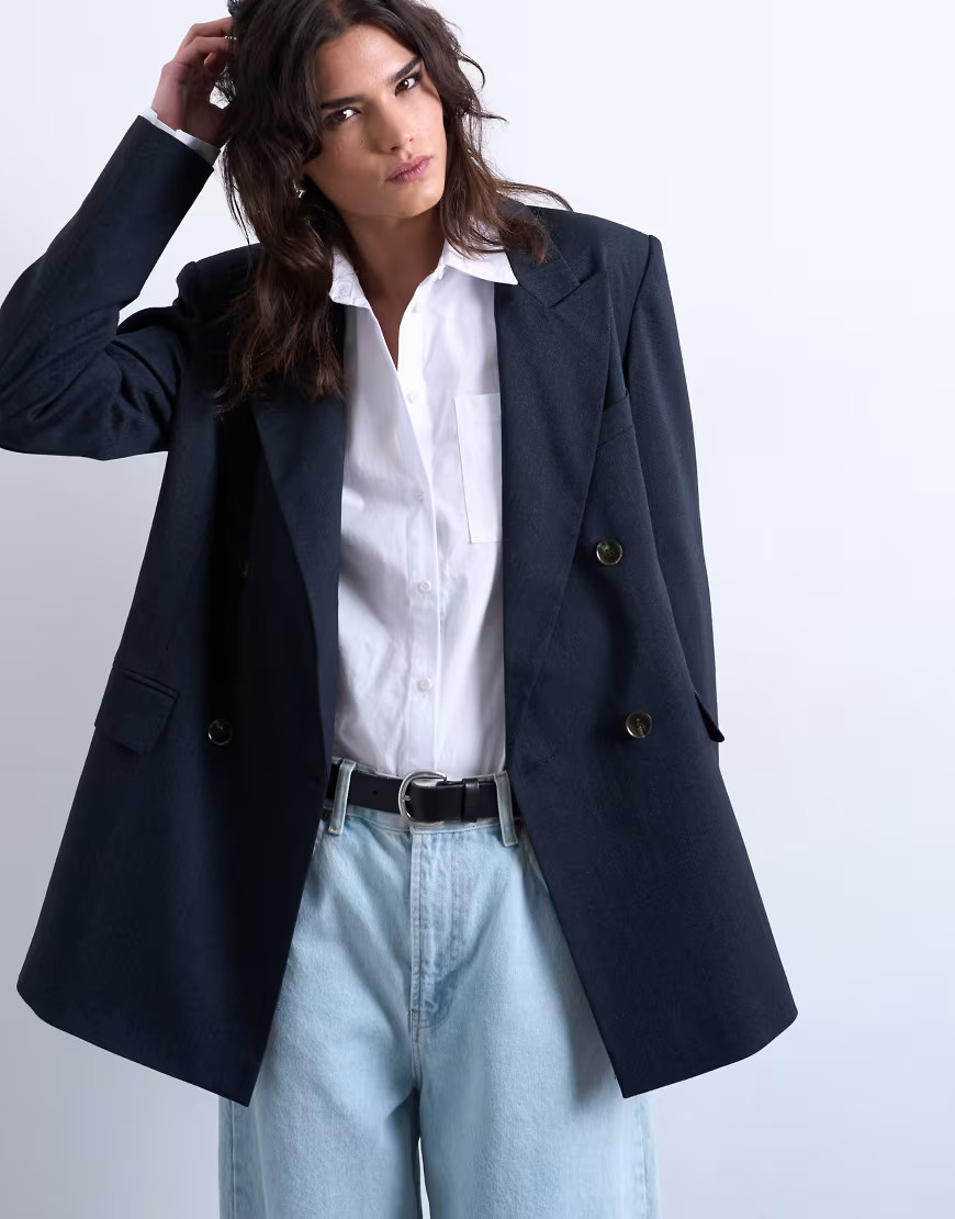 Topshop co ord double breasted subtle pinstripe oversized blazer in navy-No colour | ASOS (Global)