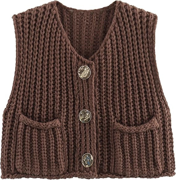Flygo Womens Crop Knit Vest Top Chunky Crochet Button Cardigan Sweater Vests Sleeveless 2024 Fall... | Amazon (US)